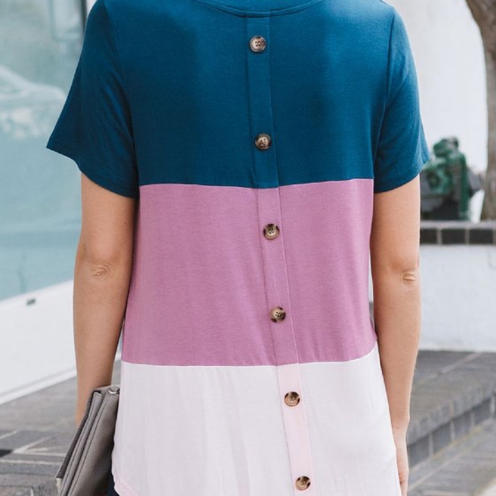 Teal & Mauve Color Block Button-Back V-Neck Tee - - image 5